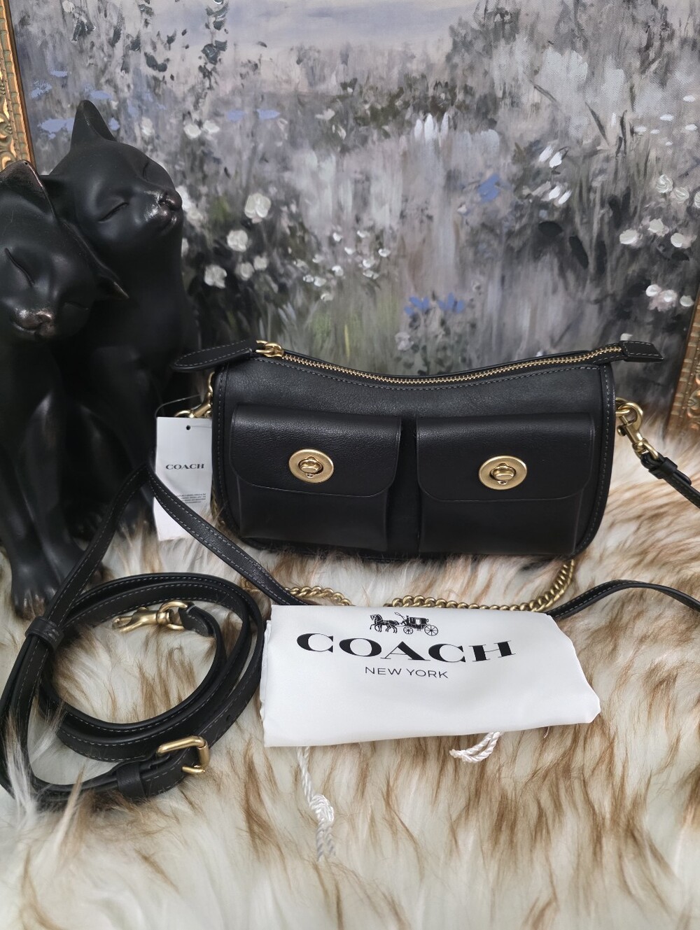 Auth Coach Waverly Black Leather Double Front-Pocket Crossbody bag